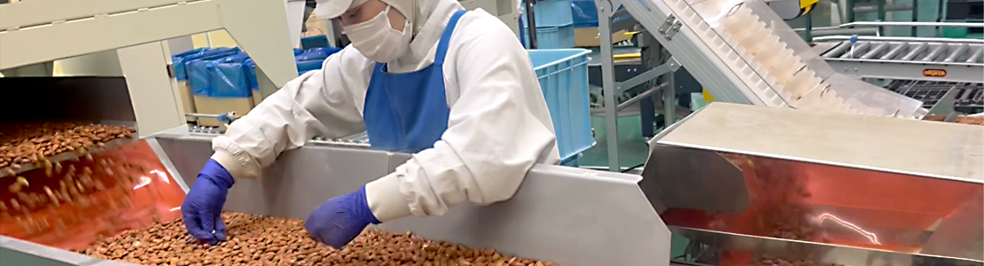 Food processing employee sifting through product with the Mayfran shuffle drive conveyor